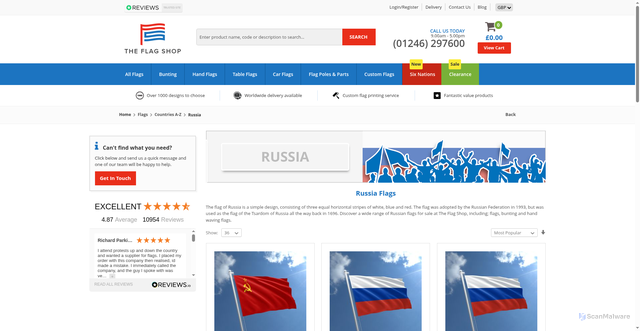 Security scan screenshot of https://www.theflagshop.co.uk/flags/world-flags/russia-flags.html