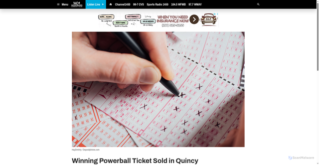 Security scan screenshot of https://wcmspi.com/2026/08/13/winning-powerball-ticket-sold-in-quincy/