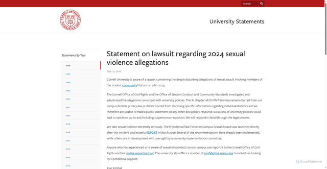 Security scan screenshot of https://statements.cornell.edu/2026/20260921-update.cfm