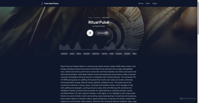 Security scan screenshot of https://freesafemusic.pages.dev/tracks/ritual-pulse/
