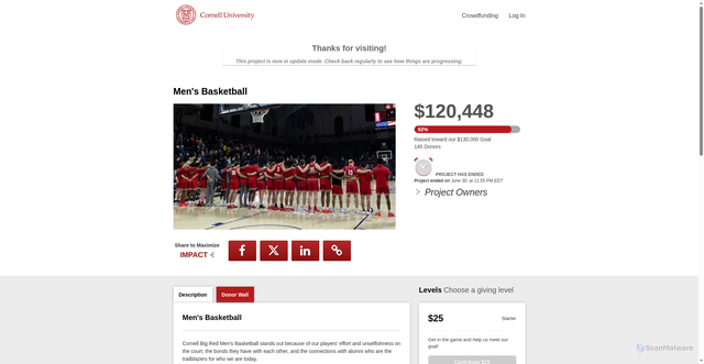 Security scan screenshot of https://crowdfunding.cornell.edu/MensBasketball