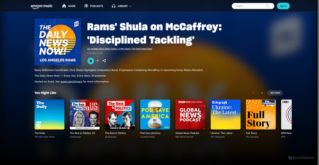 Security scan screenshot of https://music.amazon.com.au/podcasts/f0f00951-f85d-416d-a739-eb03b75f595e/episodes/d4f06c7a-6810-404a-afac-6d94d6f9e358/los-angeles-rams-news-today-2-min-news-the-daily-news-now-rams'-shula-on-mccaffrey-'disciplined-tackling'