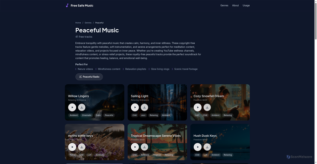 Security scan screenshot of https://freesafemusic.pages.dev/genres/peaceful/