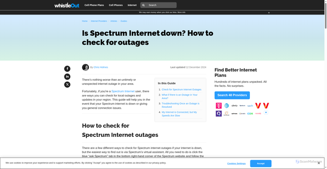 Security scan screenshot of https://www.whistleout.com/Internet/Guides/spectrum-internet-outage