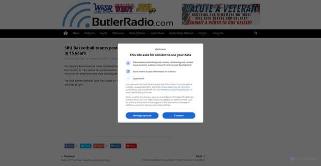 Security scan screenshot of https://butlerradio.com/sru-basketball-teams-post-wins-rock-men-off-to-second-best-start-in-15-years/