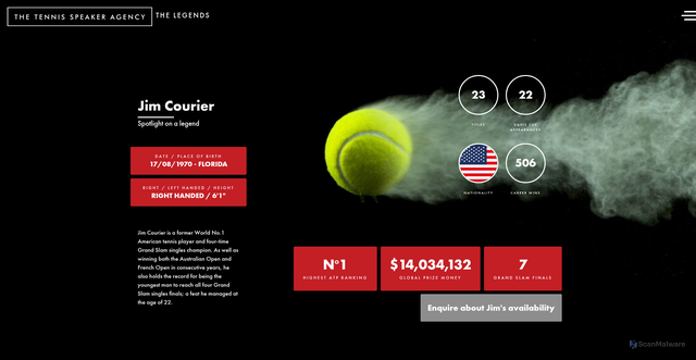 Security scan screenshot of https://tennisspeakers.com/legends/jim-courier/