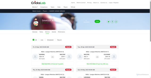 Security scan screenshot of https://crickslab.com/match-central/players/2251ee60-20c9-11f0-90ef-b94faa9ef3c6/sameer-ahmad--minhas/matches