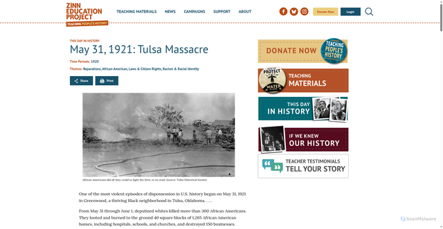 Security scan screenshot of https://www.zinnedproject.org/news/tdih/tulsa-race-riot/