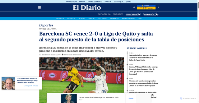 Security scan screenshot of https://www.eldiario.ec/deportes/barcelona-sc-vence-2-0-a-liga-de-quito-y-salta-al-segundo-puesto-de-la-tabla-de-posiciones-03042026/