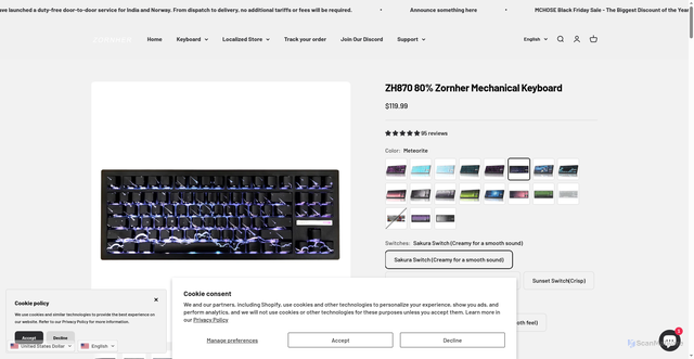 Security scan screenshot of https://zornher.com/products/pbt-material-keycap-80-keyboard?variant=47199128748264