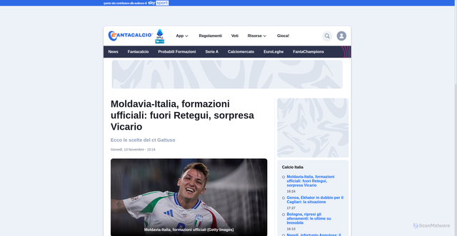 Security scan screenshot of https://www.fantacalcio.it/news/calcio-italia/13_11_2025/moldavia-italia-formazioni-ufficiali-484888