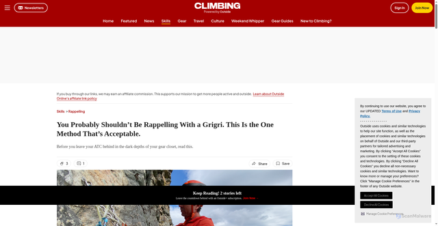 Security scan screenshot of https://www.climbing.com/skills/rappelling/rappelling-with-a-grigri/