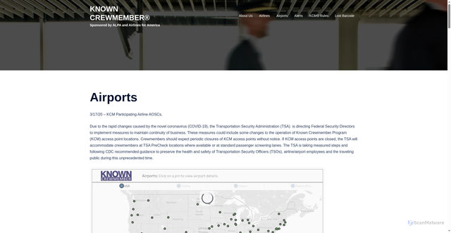 Security scan screenshot of https://www.knowncrewmember.org/airports/