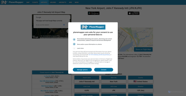 Security scan screenshot of https://www.planemapper.com/airports/JFK