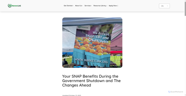 Security scan screenshot of https://marketlink.org/your-snap-benefits-during-the-government-shutdown-and-the-changes-ahead/