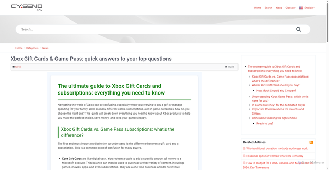 Security scan screenshot of https://faq.cysend.com/article/xbox-gift-cards-game-pass-quick-answers-to-your-top-questions.html