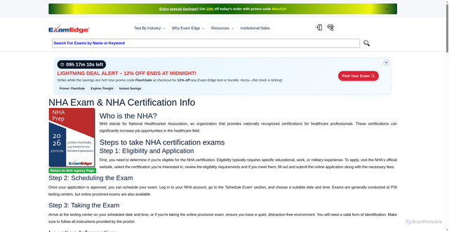 Security scan screenshot of https://www.examedge.com/healthcare/nha/what-is-nha.cfm?srsltid=AfmBOorQnFz3_jcxcKNNIzHwuXZlfU36uHNTC4GFbm-e3jLtqXG64Dyq
