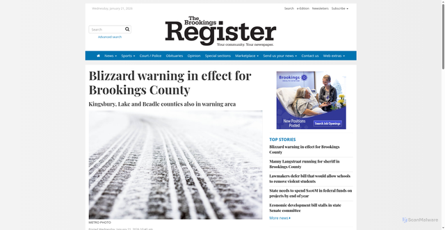 Security scan screenshot of https://brookingsregister.com/stories/blizzard-warning-in-effect-for-brookings-county,174427
