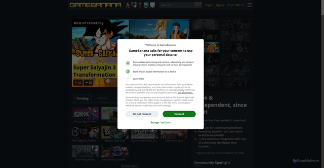Security scan screenshot of https://gamebanana.com