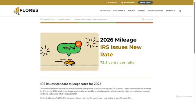 Security scan screenshot of https://flores-financial.com/irs-mileage-rate-2026-1-1/