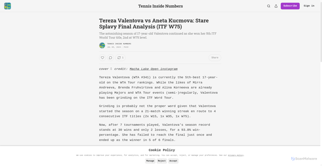 Security scan screenshot of https://tennisinsidenumbers.substack.com/p/tereza-valentova-vs-aneta-kucmova