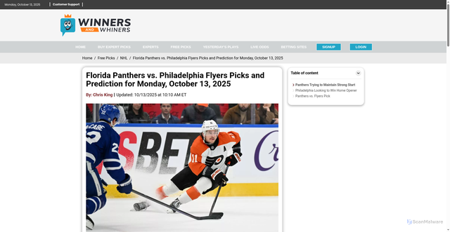 Security scan screenshot of https://winnersandwhiners.com/free-picks/nhl/florida-panthers-vs-philadelphia-flyers-picks-and-prediction-for-monday-october-13-2025