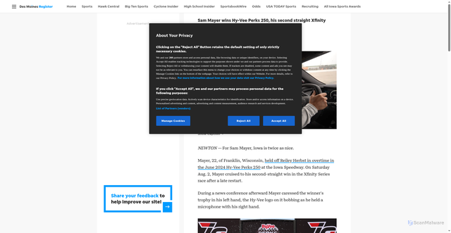 Security scan screenshot of https://www.desmoinesregister.com/story/sports/motor/2025/08/02/sam-mayer-wins-second-straight-nascar-xfinity-race-at-iowa-speedway/85480122007/