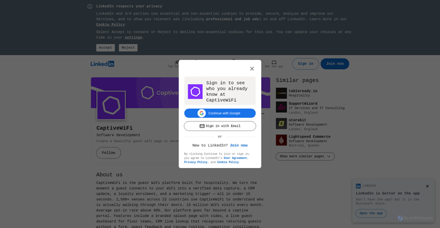 Security scan screenshot of https://www.linkedin.com/company/captivewifi
