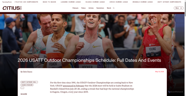 Security scan screenshot of https://citiusmag.com/articles/2026-usatf-outdoor-championships-schedule