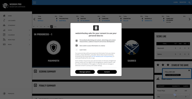 Security scan screenshot of https://pro.websimhockey.com/Calendar/GameResult/506770