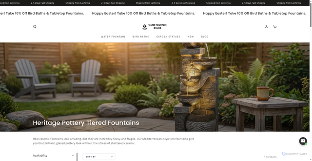 Security scan screenshot of https://waterfountainonline.com/collections/heritage-pottery-tiered-fountains