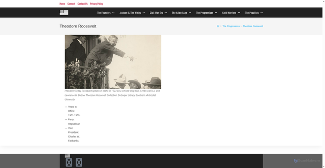Security scan screenshot of https://allaboutthepresidents.com/home/the-progressives/theodore-roosevelt/