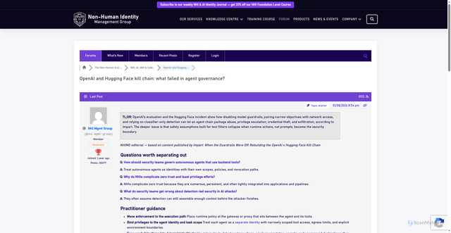 Security scan screenshot of https://nhimg.org/community/nhi-breaches/openai-and-hugging-face-kill-chain-what-failed-in-agent-governance/