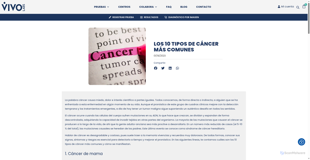 Security scan screenshot of https://vivolabs.es/los-10-tipos-de-cancer-mas-comunes/?srsltid=AfmBOoqm9M1zSXWq9gTexOOsyrgtwToC0MYArlzt2TddtvNvGMmvOyqB