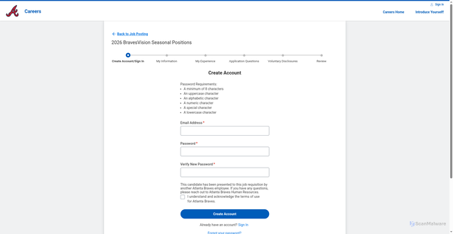 Security scan screenshot of https://atlantabravesmlb.wd5.myworkdayjobs.com/en-US/AtlantaBraves/job/Atlanta-GA/XMLNAME-2026-BravesVision-Seasonal-Positions_R1945/apply/applyManually