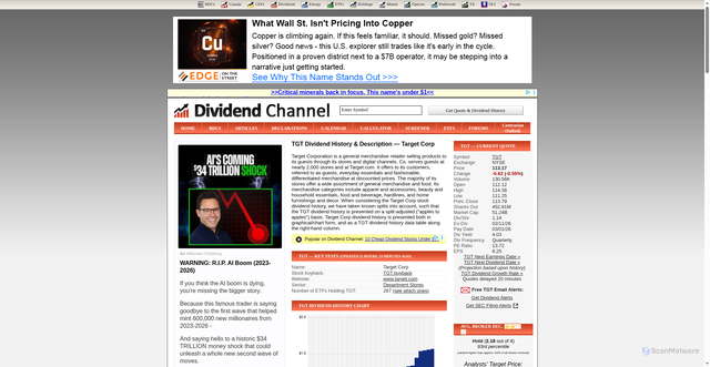 Security scan screenshot of https://www.dividendchannel.com/symbol/tgt/