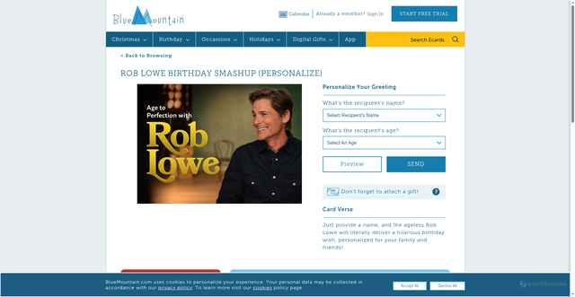 Security scan screenshot of https://www.bluemountain.com/ecards/birthday/rob-lowe-birthday-smashup-personalize/card-3560697