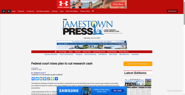 Security scan screenshot of https://www.jamestownpress.com/articles/federal-court-nixes-plan-to-cut-research-cash/
