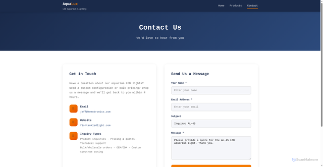 Security scan screenshot of https://fishtankledlight.pages.dev/contact.html?product=AL-45