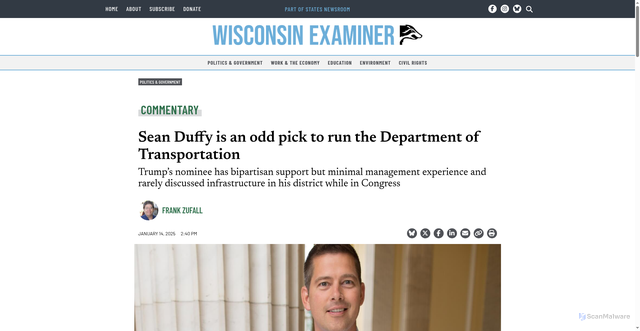 Security scan screenshot of https://wisconsinexaminer.com/2025/01/14/sean-duffy-is-an-odd-pick-to-run-the-department-of-transportation/