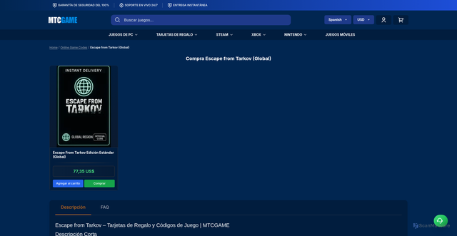 Security scan screenshot of https://www.mtcgame.com/es/battlestate-games/escape-from-tarkov?srsltid=AfmBOorCdTmkdmV-bRr6KuZKfNTeVPjFdybgHGluuALoE8yCQNEFNGxC