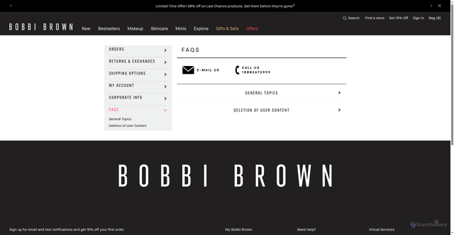 Security scan screenshot of https://www.bobbibrown.co.za/customer-service-faqs?_gl=1%2A14675s3%2A_up%2AMQ..%2A_gs%2AMQ..&gclid=CjwKCAiAw9vIBhBBEiwAraSATvP5A9HEJi5D7GNObLC6O9MYQWYAjh9zjvJGyHsNcb0rh6mZ4gbKhhoCKgkQAvD_BwE&gbraid=0AAAAA-sckwXEbjIjIodnZ5DUxfubK4-rM&lid=j5na3h9muvc2