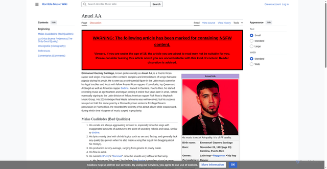 Security scan screenshot of https://horriblemusic.miraheze.org/wiki/Anuel_AA