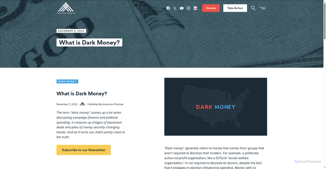 Security scan screenshot of https://americanpromise.net/what-is-dark-money/