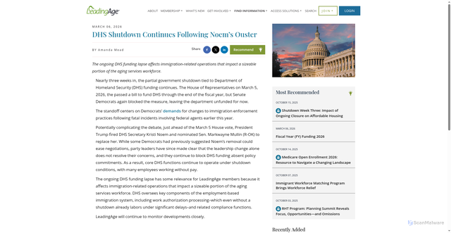 Security scan screenshot of https://leadingage.org/dhs-shutdown-continues-following-noems-ouster/