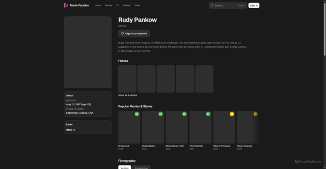 Security scan screenshot of https://movieparadise.app/person/1974046-rudy-pankow