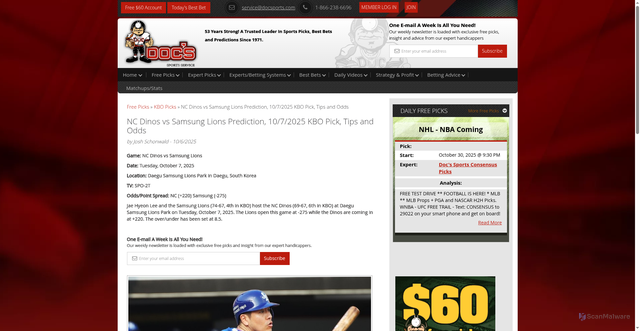 Security scan screenshot of https://www.docsports.com/free-picks/kbo/2025/nc-dinos-vs-samsung-lions-prediction-10-7-2025-kbo-pick-tips-and-odds.html