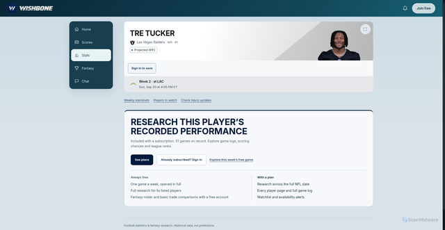 Security scan screenshot of https://wishbonenfl.com/player/00-0038563