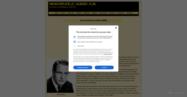 Security scan screenshot of http://www.hollywoodsgoldenage.com/actors/paul_newman.html