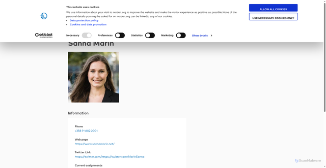 Security scan screenshot of https://www.norden.org/en/person/sanna-marin